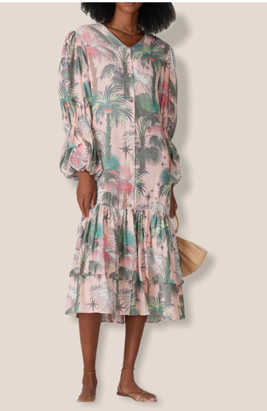 LoboRosa Pink Floral Puff Sleeve Palms Button Front Up Dress Size Large